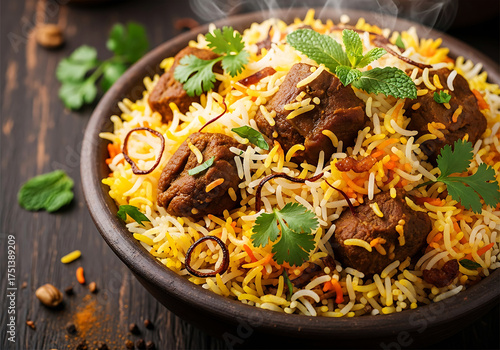Delicious indian lamb biryani rice dish with meat and fresh herbs on a wooden table