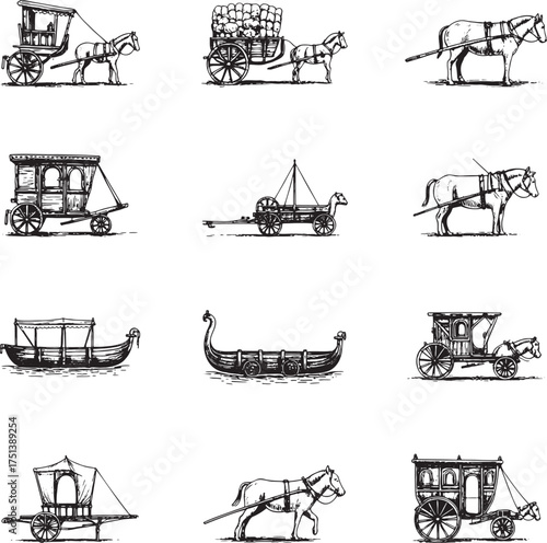 Historical Transport Vector Set: Aged Etchings of 19th Century Land and Sea Travel