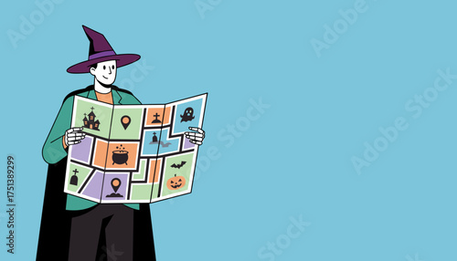 Witch holding a Halloween map with spooky icons perfect for seasonal events or promotions