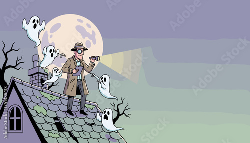 Detective investigates haunted roof with flashlight and magnifying glass surrounded by playful ghosts