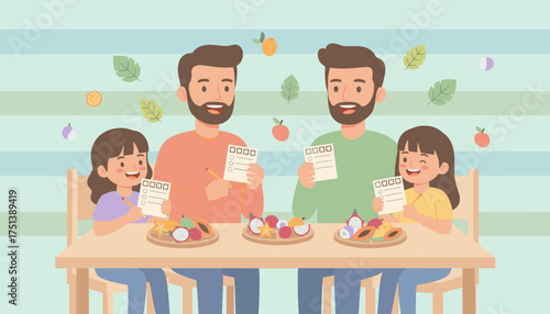 Family with two dads and daughters enjoying exotic fruit tasting and learning Nutrition concept