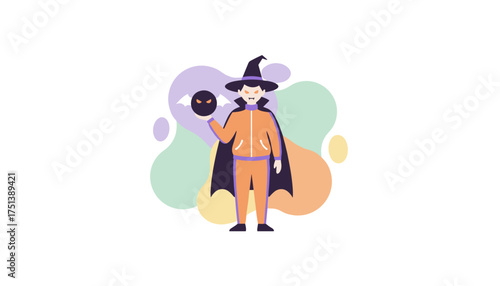 Festive vampire character in a witch hat and cape holding a spooky bat Halloween concept