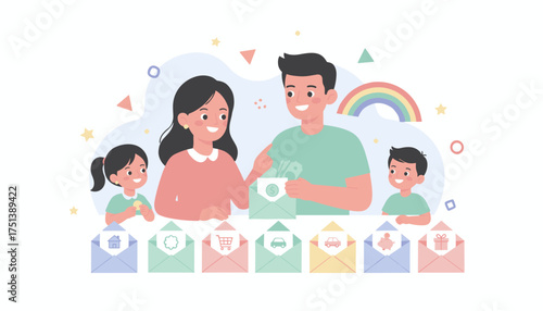 Family saving money for various goals in concept illustration Financial planning security future