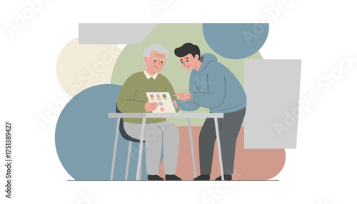 Young man teaches senior to use tablet Digital literacy intergenerational support technology for seniors