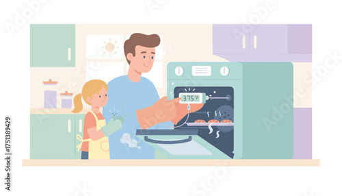 Father and daughter baking cookies in kitchen enjoying family time and domestic activities