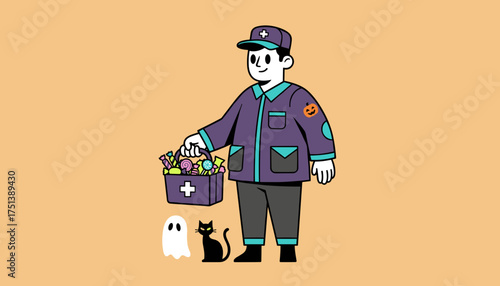 Delivery worker giving out Halloween candy with ghost and black cat Spooky season treats