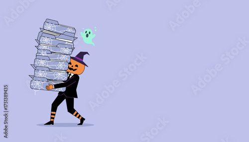 Halloween pumpkin person carrying spooky webcovered folders with a ghost Business tasks