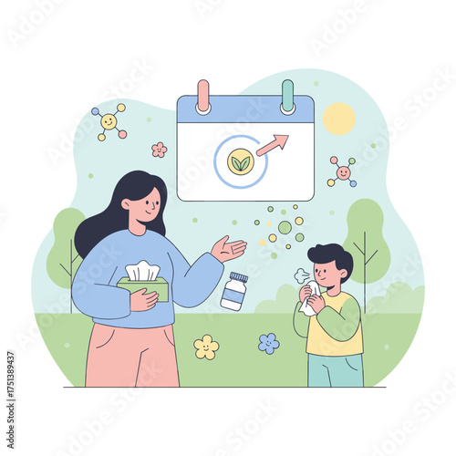 Woman aids sneezing child with tissues and medicine during peak spring allergy season outdoors