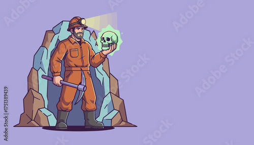 Miner in hard hat discovers a glowing skull near rocks symbolizing a mysterious find