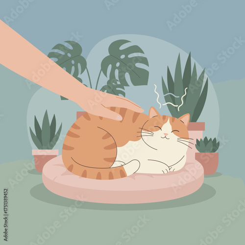Hand petting a happy purring cat relaxing on a cushion amidst houseplants Comfort companionship home