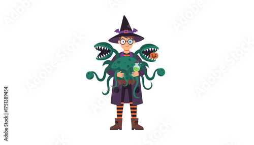 Character in witch costume holds a monstrous plant and potion Halloween spooky party concept
