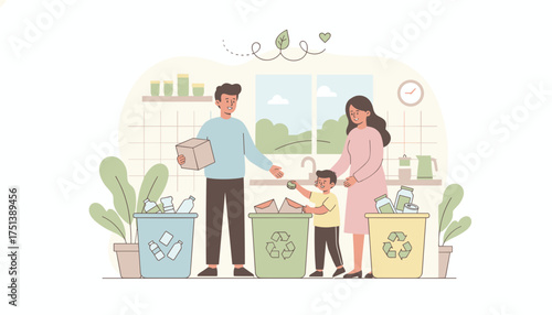 Happy family sorting waste in kitchen teaching child about environmental care and recycling