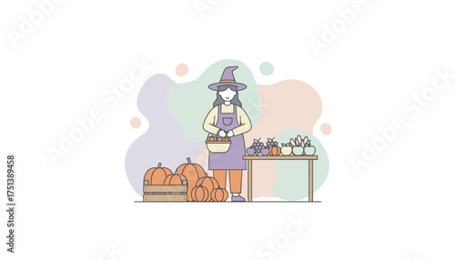 Witch at autumn market stall with pumpkins and fresh fruit Halloween harvest concept