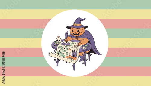 Whimsical pumpkin character drawing a Halloween fantasy map with castles  ghosts