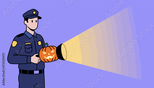 Police officer holding a glowing jackolantern and flashlight shining light on Halloween safety
