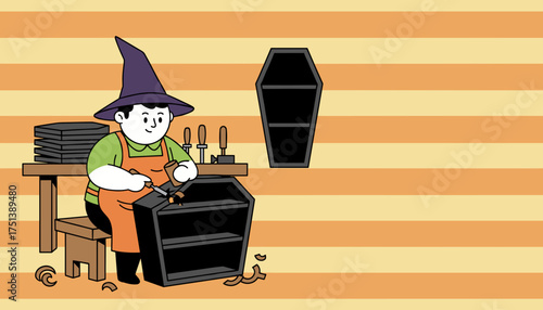 Crafty person in witch hat making unique coffinshaped shelving for Halloween decor or gothic style