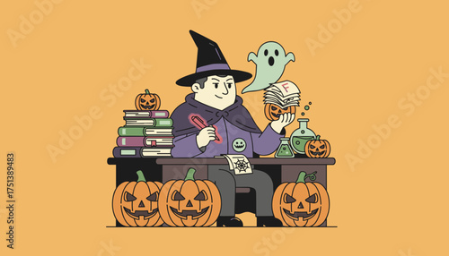 Halloween scholar at magical desk with books jackolanterns ghost and study papers