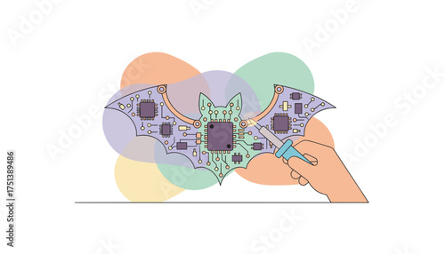 Hand soldering a batshaped circuit board symbolizing tech development and repair