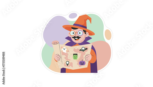 Enthusiastic wizard with a Halloween map Ideal for spooky events treasure hunts and parties