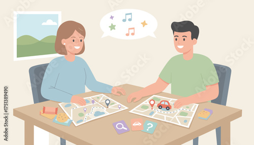 Happy couple planning a trip with maps and snacks brainstorming ideas