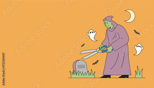 Greenskinned character with shears in a spooky graveyard scene ideal for Halloween promotions