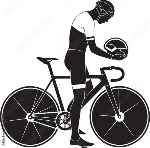 Cyclist Silhouette Illustration Man Standing Beside Fixed Gear Bike with Helmet