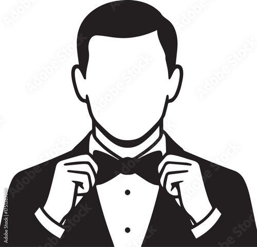 Faceless man adjusting bow tie minimalist black and white vector symbolizing elegance fashion and confidence