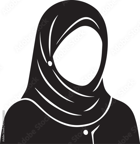 Minimalist faceless woman in hijab silhouette representing modest fashion, culture, and elegance in black and white vector art
