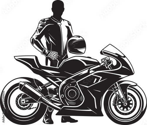 Motorcycle Rider and Sport Bike Silhouette Vector Illustration Man Standing with Helmet by Sportbike
