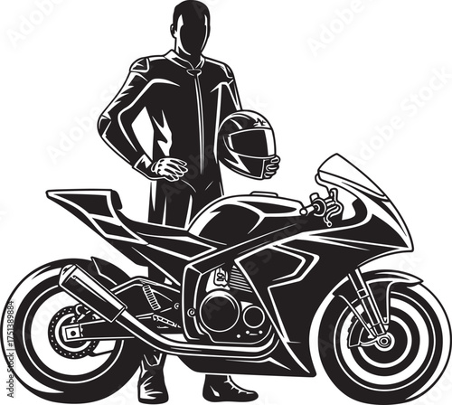 Motorcycle Rider and Sport Bike Silhouette Vector Illustration Man Standing with Helmet by Sportbike