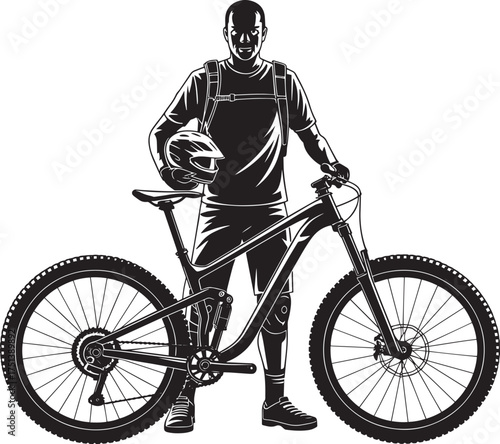 Mountain Biker and Bike Silhouette Vector Illustration Man Standing with Helmet by Mountain Bicycle