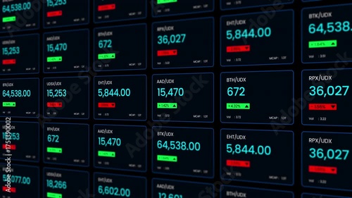 A detailed motion graphic of a digital trading screen displaying various stock prices and data points within individual boxes or tiles.