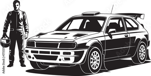 Rally Driver Standing Beside Classic Hatchback Rally Car Black and White Vector Illustration