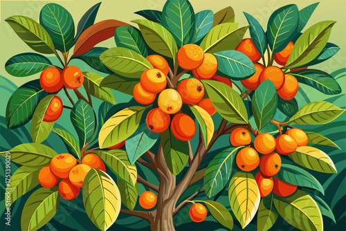 vector of Cultivated loquat tree with bright orange fruits and foliage, ideal for herbal tea and ornamental gardening.