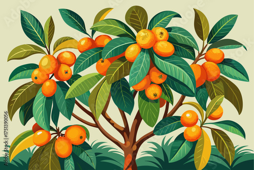 vector of Cultivated loquat tree with bright orange fruits and foliage, ideal for herbal tea and ornamental gardening.