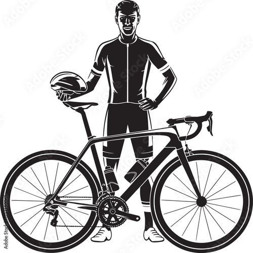 Road Cyclist and Bike Silhouette Vector Illustration Man Standing with Helmet by Racing Bicycle