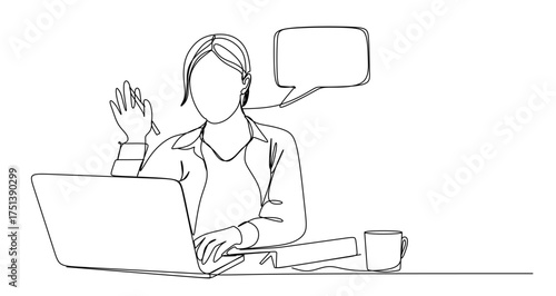Woman with laptop computer in one continuous line drawing. Symbol of online texting and dialogue in simple linear style. Speech balloon in Editable stroke
