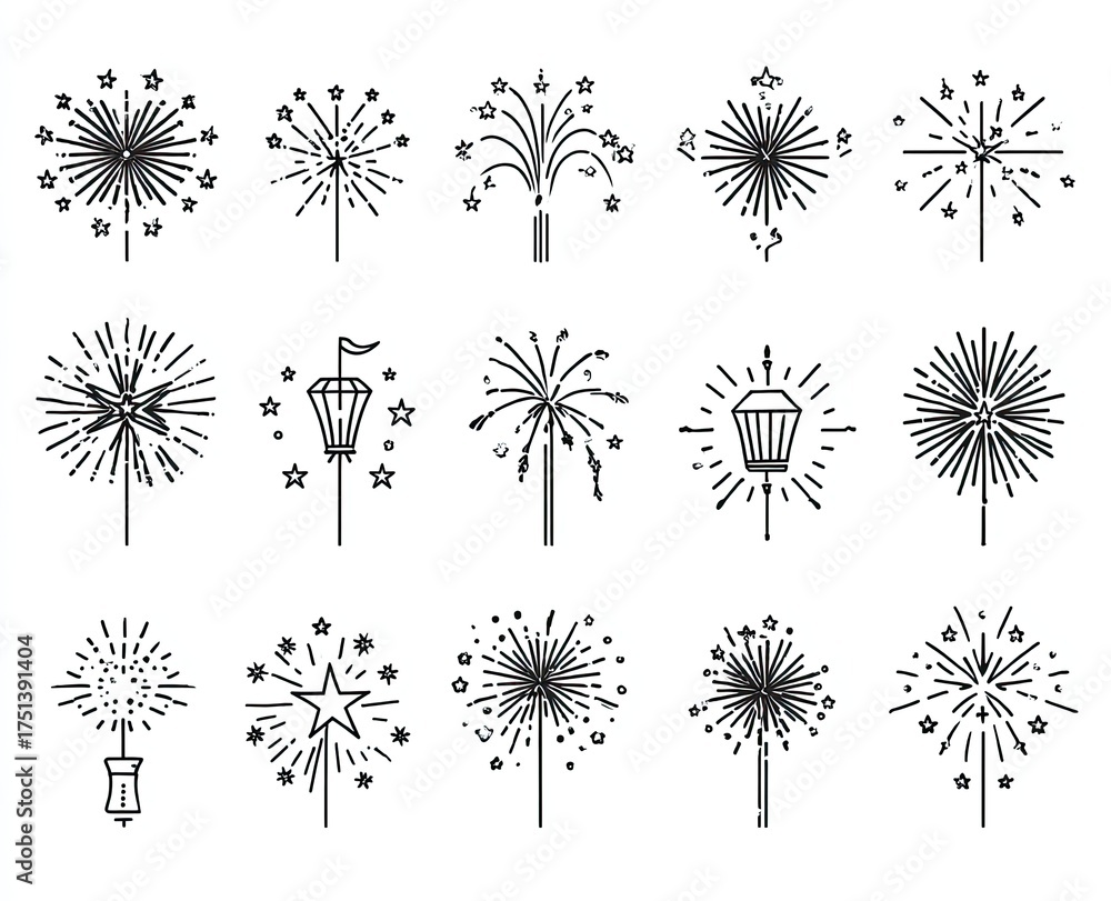 Obraz premium Collection of Festive Black and White Fireworks Designs on White Background