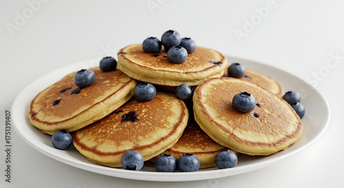 A delicious stack of freshly made golden blueberry pancakes served on a clean white plate.