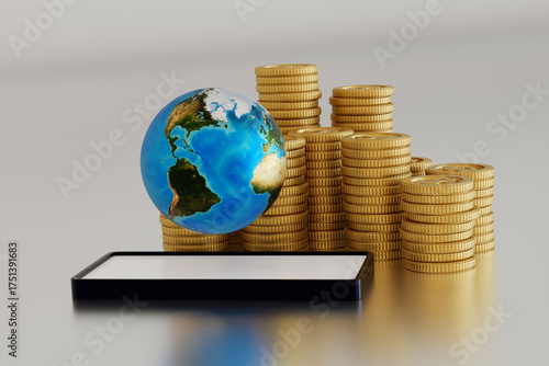 Fototapeta Naklejka Na Ścianę i Meble -  Smartphone with stack of gold coins and globe or earth, world business concept. 3D rendering. element by NASA
