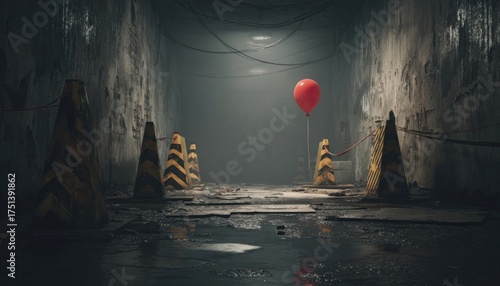 Red balloon in eerie restricted area, spooky 3D scene