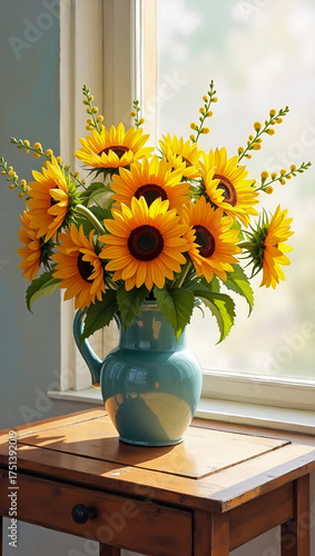golden sunflowers in turquoise vase on rustic wooden table by bright window