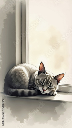 peaceful gray cat sleeping on sunny windowsill in soft morning light