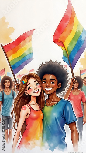 smiling couple celebrating pride together holding rainbow flags in colorful watercolor parade scene