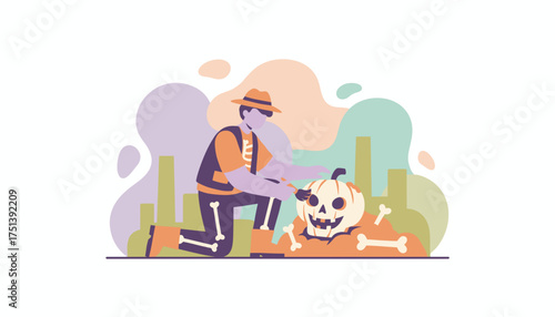 Explorer discovers a spooky carved pumpkin and bones celebrating Halloween with archaeological fun