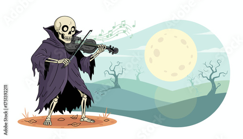 Spooky skeleton in a cloak playing violin under a full moon Halloween fantasy music concept