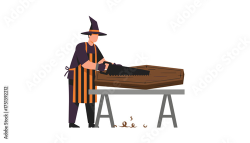 Man in witch hat and apron sawing a wooden coffin for Halloween Spooky craft