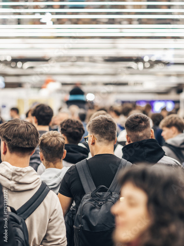 Abstract blurred people at exhibition hall of expo event trade show. Business convention show or job fair. Business concept background.
