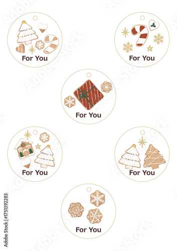 Christmas Round Gift Tag Set with ‘For You’ Text (6 Designs, Transparent Background, Icing Cookie Style)