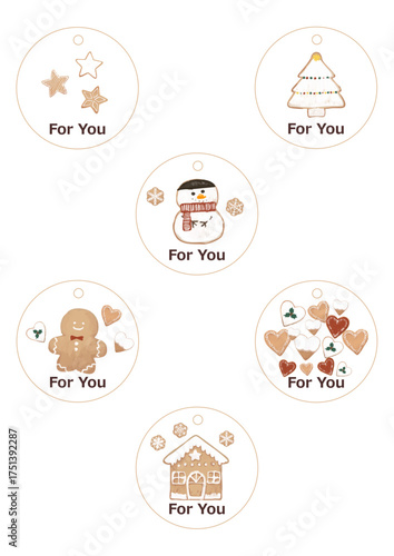 Christmas Round Gift Tag Set with ‘For You’ Text (6 Designs, Transparent Background, Icing Cookie Style)